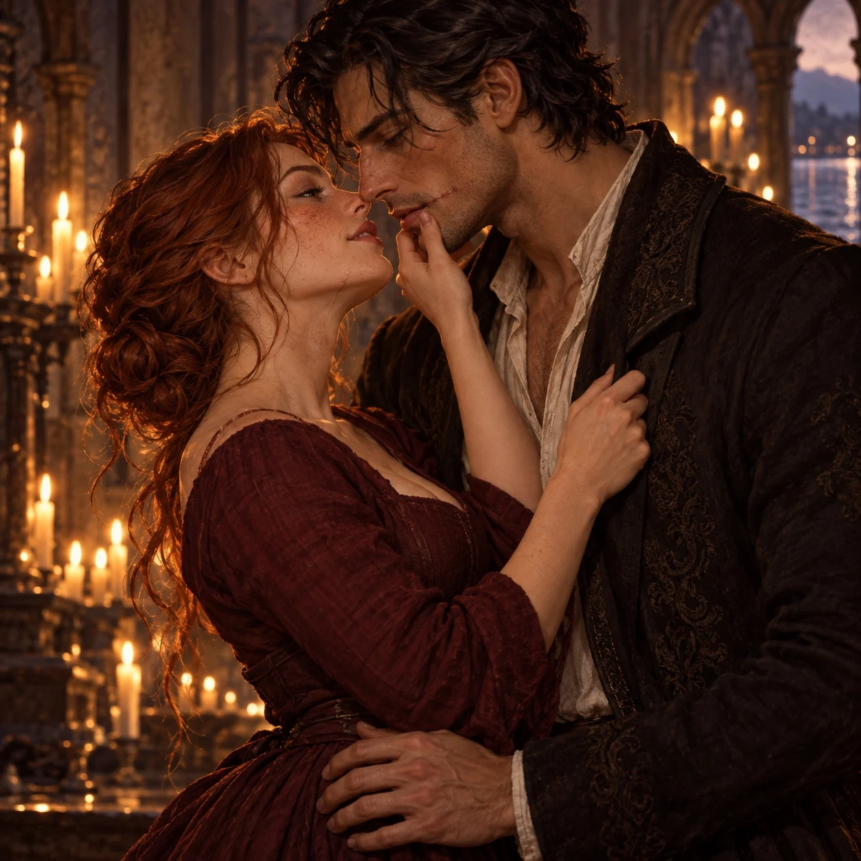 Marit touches the scar at Corvane’s mouth as they lean close in a candlelit chapel.