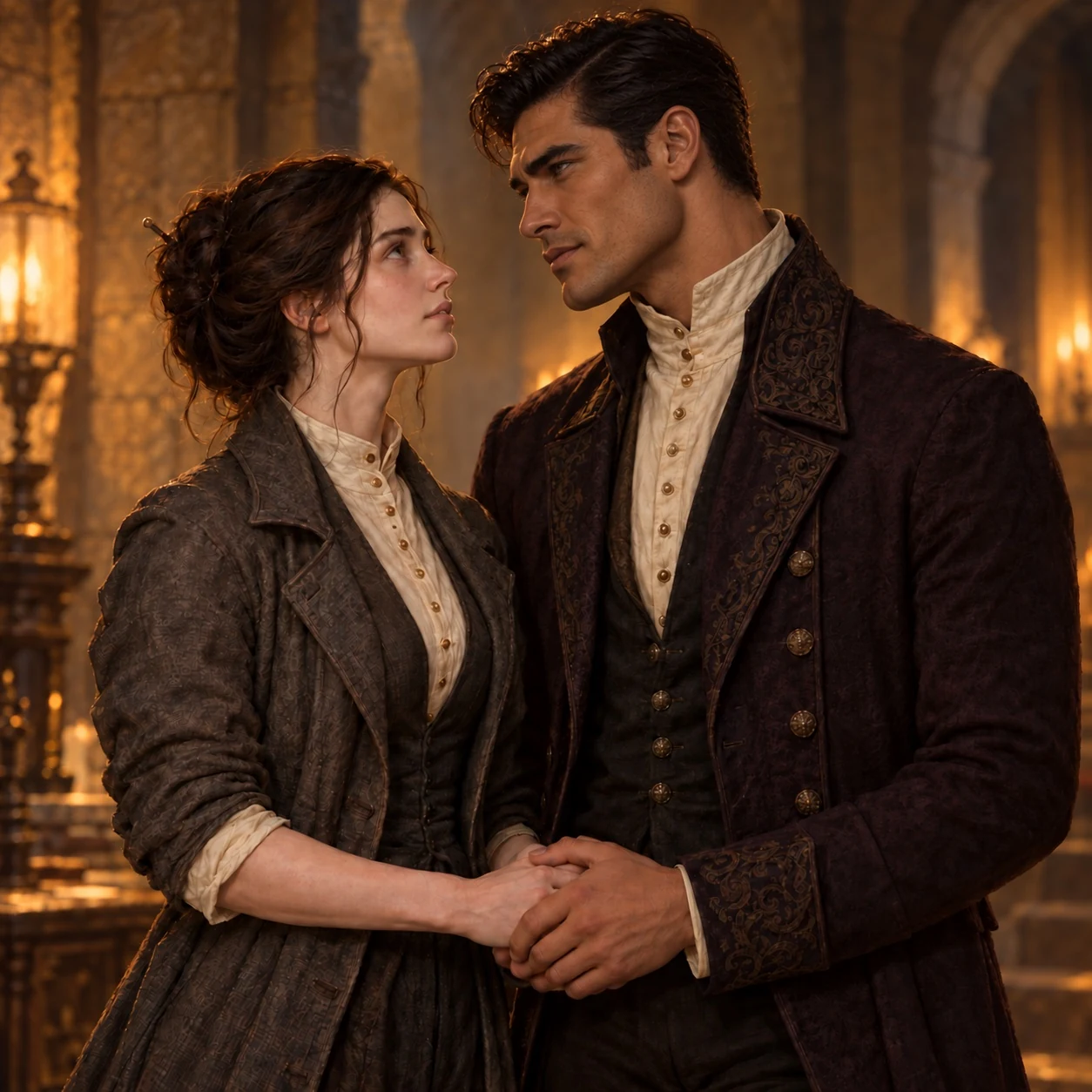 Teo and Saros hold hands, gazing at each other in a lamplit stone chamber.